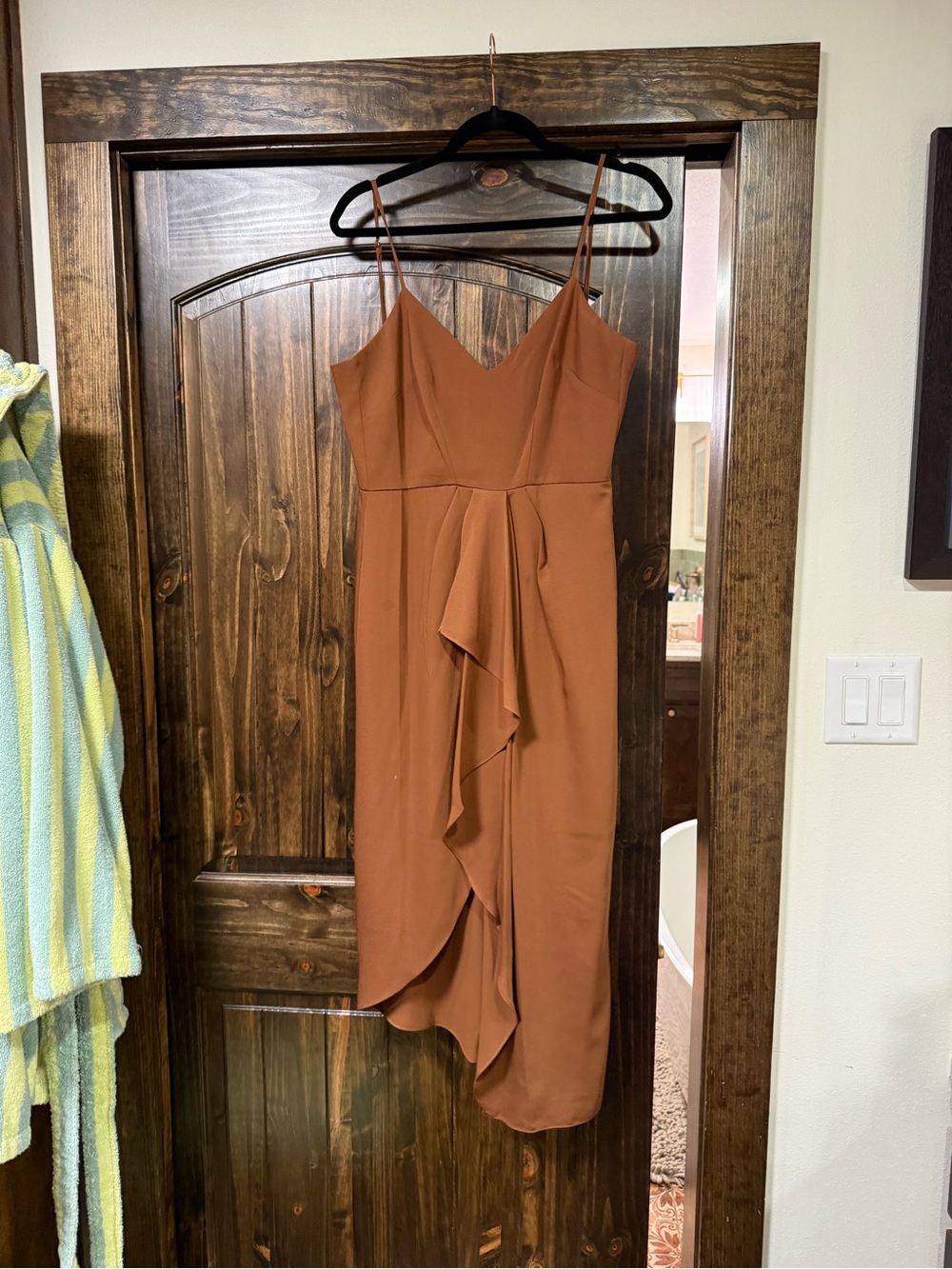 Rust Brown Spaghetti-Strap Ruffle Midi Dress